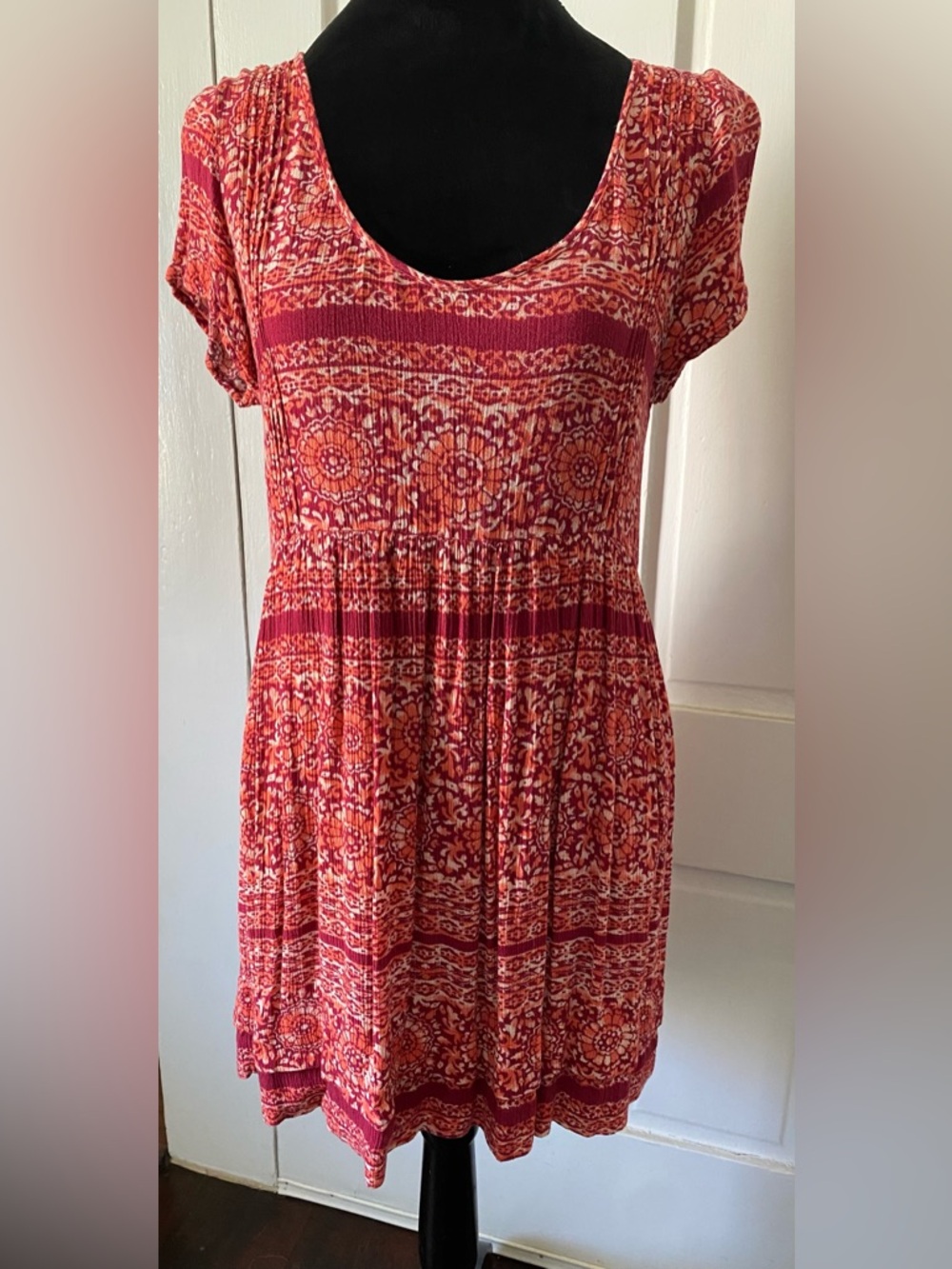 LA Hearts Boho Mini Dress Red Floral Short Sleeve Empire Waist Size S